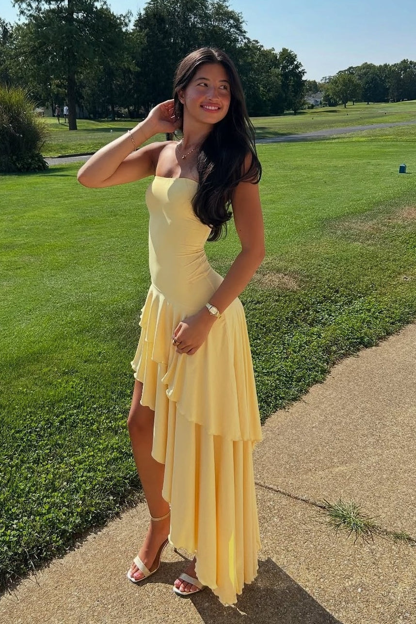 Cute Satin A-Line Tiered Strapless Party Prom Dress