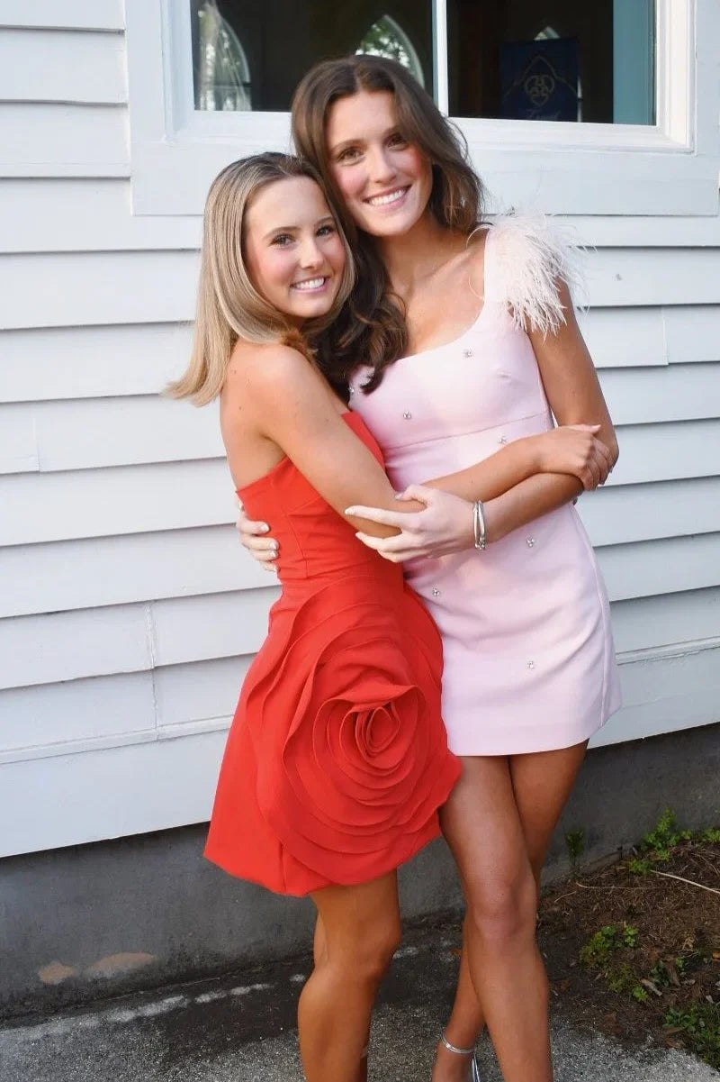 Cute Satin Fitted Square Feathers Straps Mini Homecoming Dress