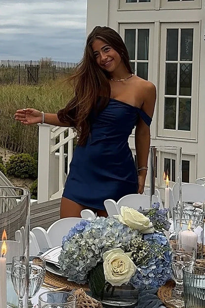 Cute Satin Off-Shoulder Sleeveless Mini Homecoming Dress