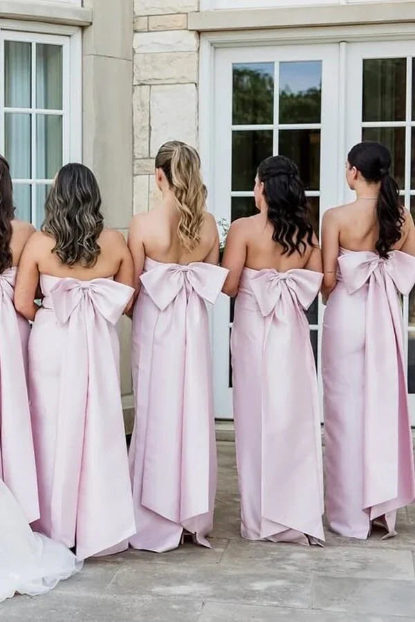Cute Satin Strapless Pink Bridesmaid Dress With Bow