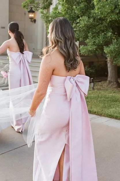 Cute Satin Strapless Pink Bridesmaid Dress With Bow