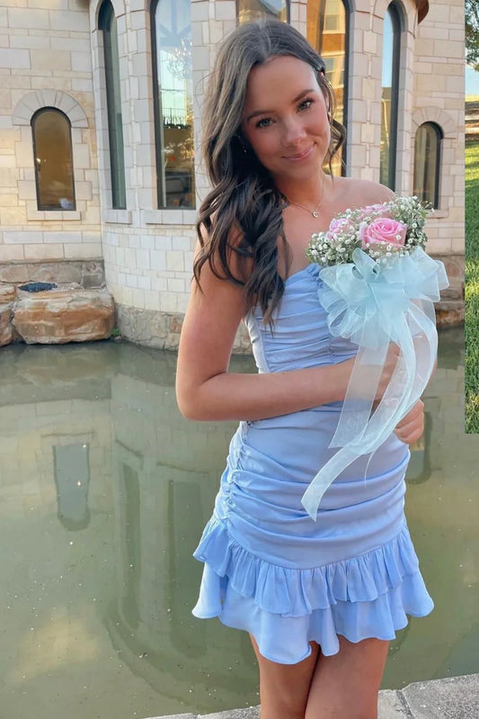 Cute Satin Strapless Pleated Empire Ruffle Homecoming Dress