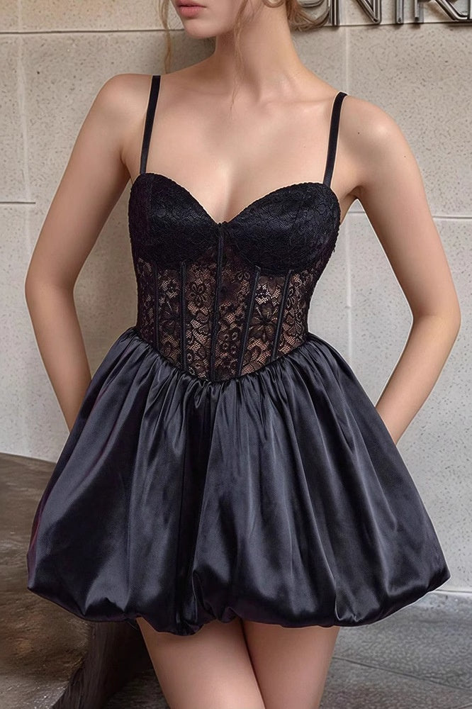 Cute Sweetheart Spaghetti Straps Satin And Lace Homecoming Dress