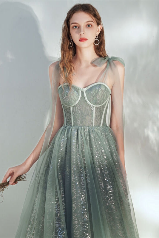 Sweetheart Straps Tulle A-Line Empire Sparkly Prom Dress