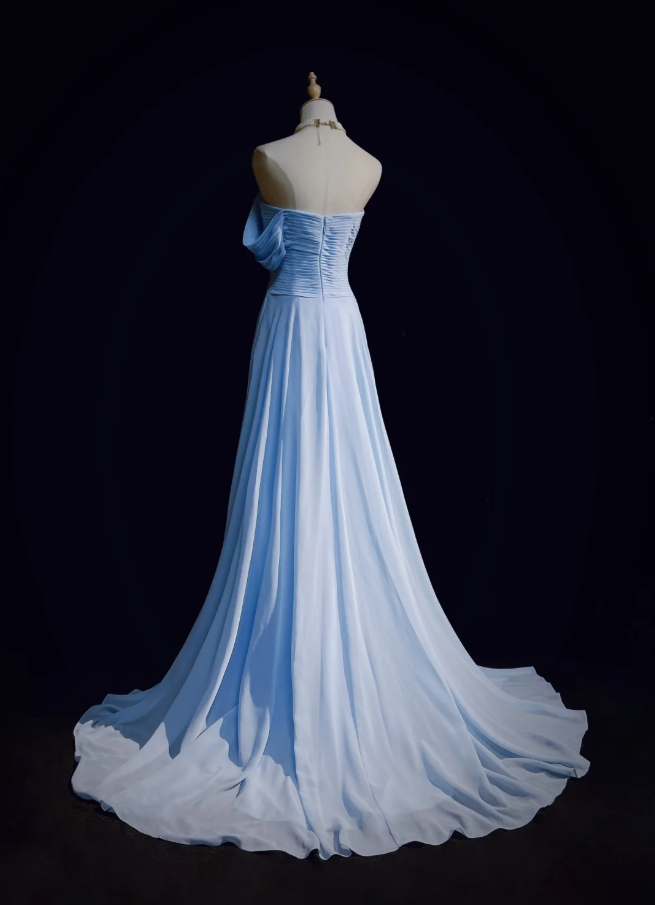 Classy Sky Blue One Shoulder Chiffon Pleated Mermaid Party Dress Long Wedding Guest Dress Evening Gown D1851