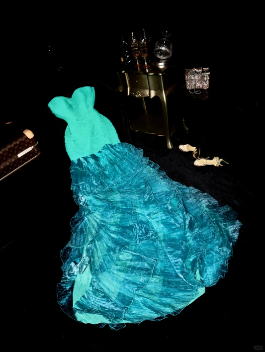 Charming Mermaid Sweetheart Neck Ruffle Blue Chiffon Organza Party Dress Evening Dress SH3063