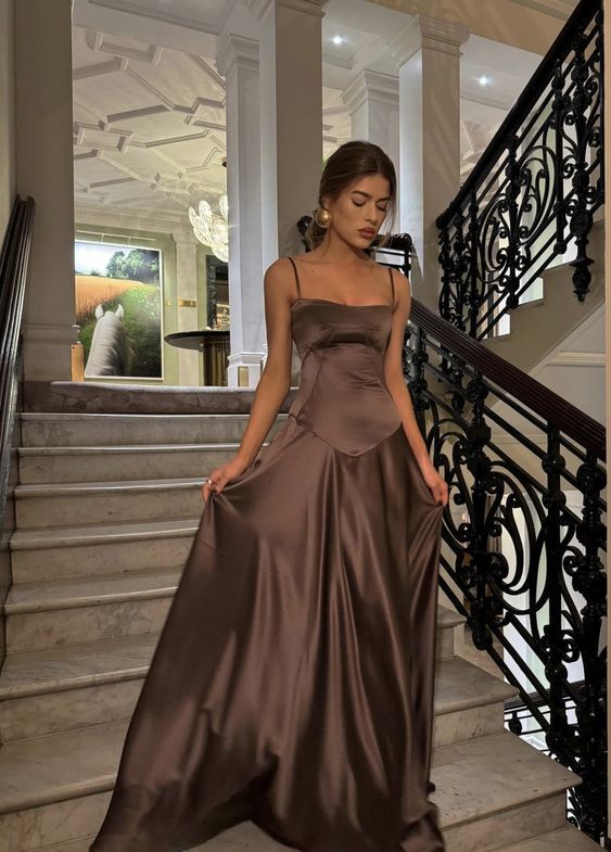 Elegant Brown Spaghetti Straps A-Line Long Party Dress Wedding Guest Dress, D294
