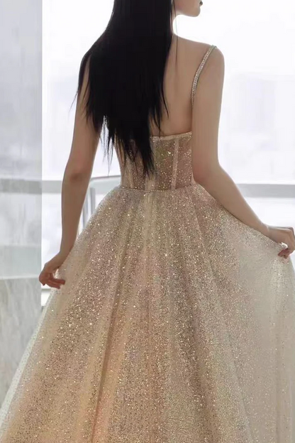 Glitter Spaghetti Straps Tulle Silver Sequin A Line Birthday Party Dress Long Evening Dress Prom Gown D1927