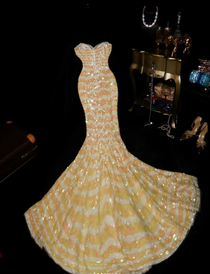 Unique Spaghetti Straps Yellow Sequin Mermaid Long Party Dress Evening Dress D932