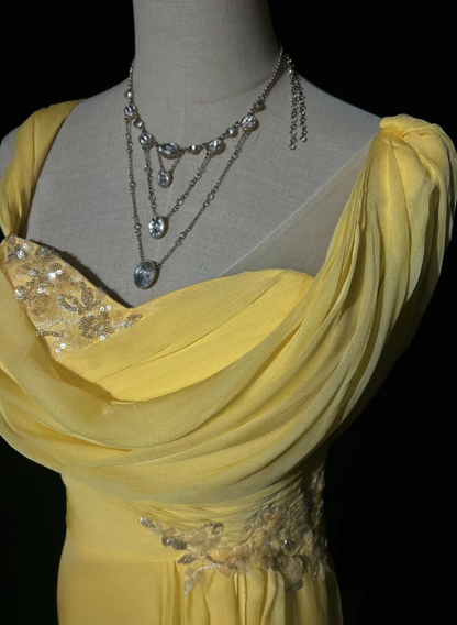Glamorous Yellow Chiffon Sequin Mermaid Long Party Dress Prom Gown Formal Wedding Guest Dress D1995