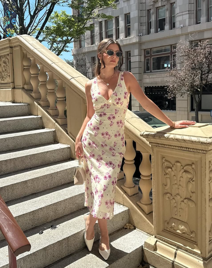 Simple A Line V Neck Print Floral Chiffon Prom Dress Evening Dress SH1604