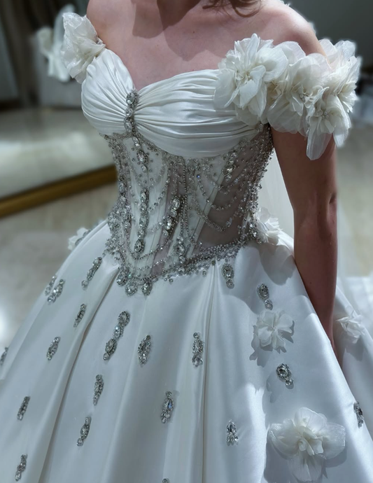 Gorgeous Exquisite A Line Off the Shoulder Flower Rhinestone White Satin Long Wedding Dress Date Dress SH3466