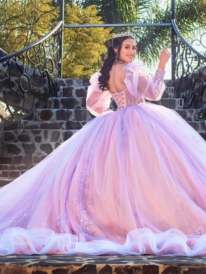 Cute Pink A Line Long Sleeve Flower Tulle Quinceanera Dresses Ball Gown SH2556