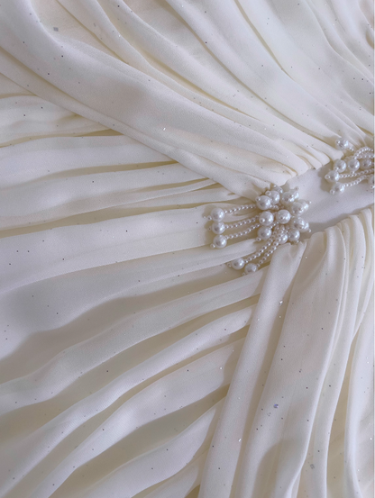 Elegant White A Line Halter Pearl Pleated Chiffon Prom Dress Vacation Dress SH4503