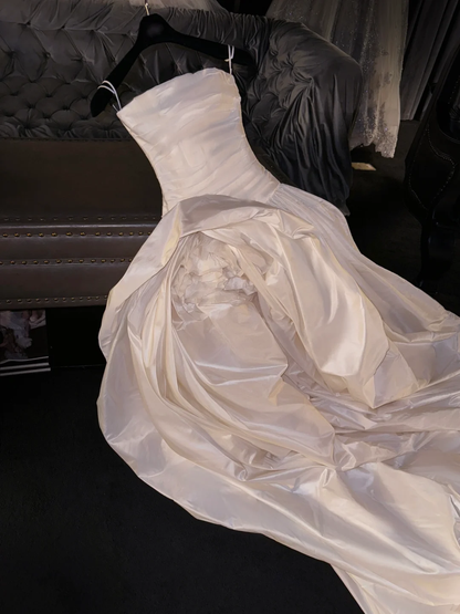 Elegant A Line Strapless Flower Ivory Satin Long Prom Dress Graduation Prom Dress SH2523