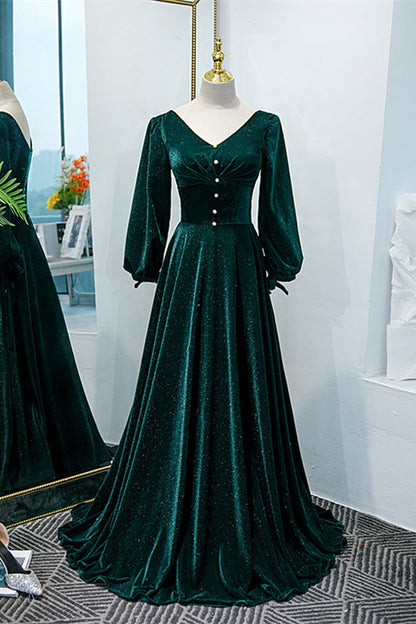 V-Neck Long Sleeves A-Line Velvet Party Prom Dress