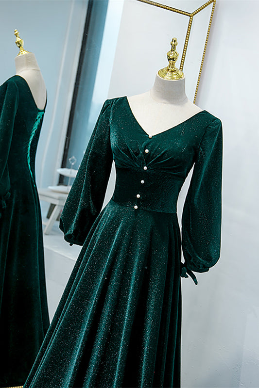 V-Neck Long Sleeves A-Line Velvet Party Prom Dress