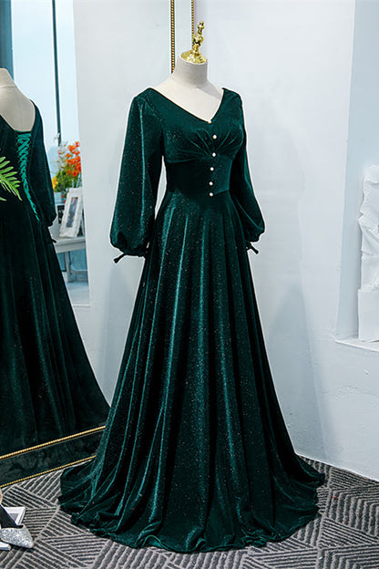 V-Neck Long Sleeves A-Line Velvet Party Prom Dress