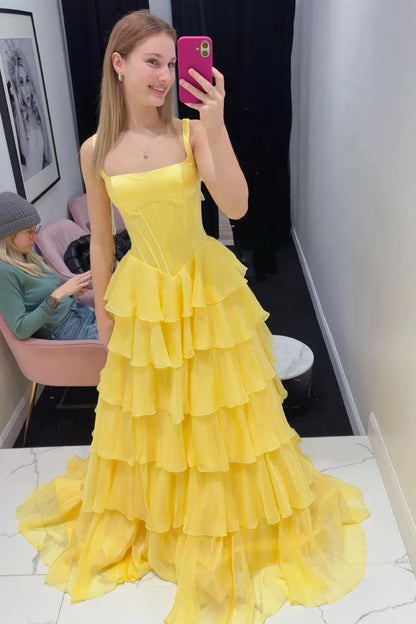 Square Sleeveless Two Tone Empire A-Line Party Prom Dress With Slit