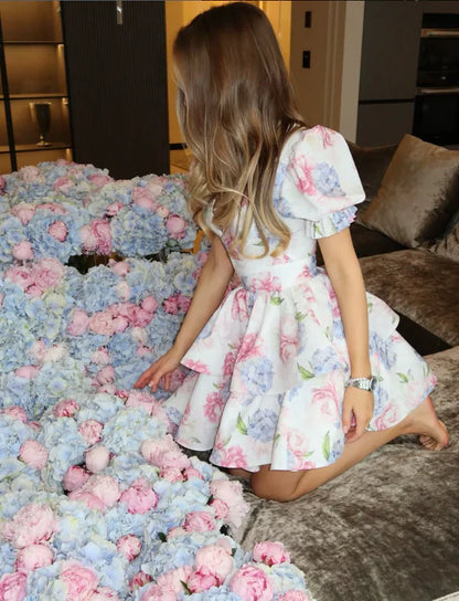 Blue Pink Print Floral A Line Puff V Neck Chiffon Short Homecoming Dress Outfits SH3700