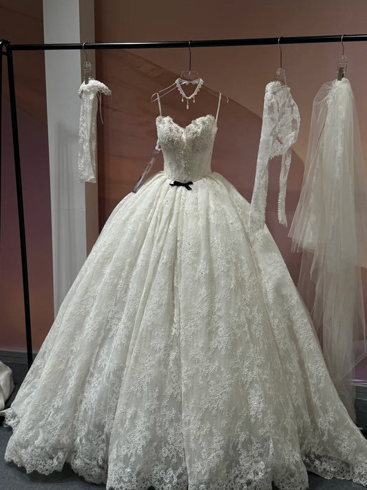 Modest White Strapless Lace Applique Long Ball Gown Elegant Tulle Wedding Dress Cute Quinceanera Dress DH02714