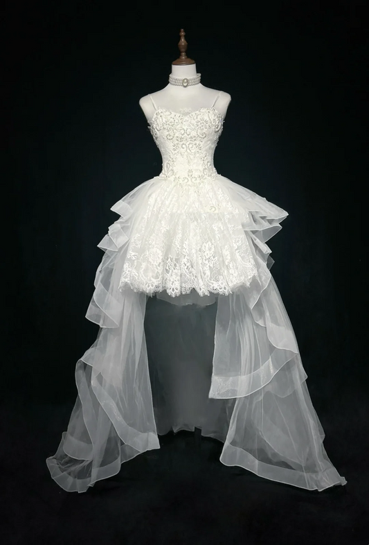 Unique Bridal Gown High Low Spaghetti Straps Lace Sleeveless White 50s Wedding Dresses Modest Bridal Gowns DH1115