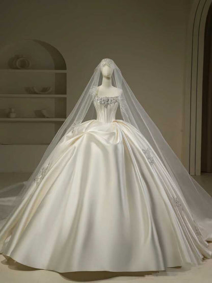 Pretty Wedding Dress Ball Gown Strapless White Long Satin Wedding Dresses Bridal Gowns Brides Gown DH111