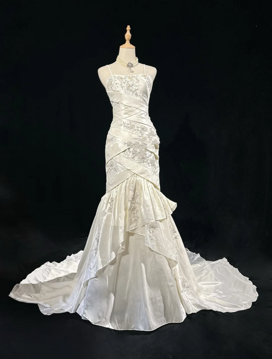 Retro Bridal Gown 1960s Mermaid Spaghetti Straps Sleeveless Lace Long White 60s Wedding Dresses Elegant Bridal Gowns DH1120