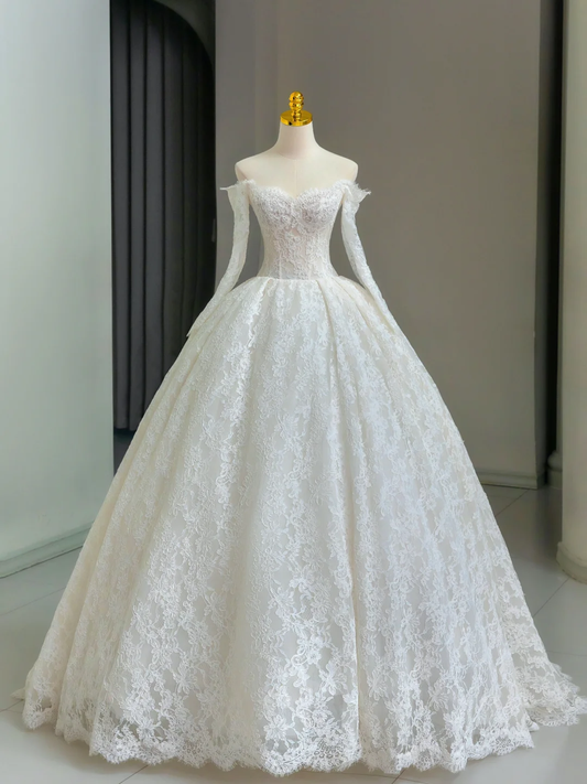 Unique Bridal Gown Ball Gown Off The Shoulder Lace Long Sleeves White 50s Wedding Dresses Vintage Bridal Gowns DH1137