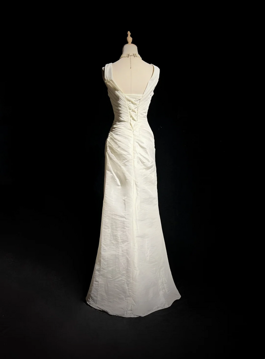 Unique Wedding Dress Mermaid V Neck White Taffeta Appliques 90s Wedding Dresses Vintage Bridal Gowns DH1165