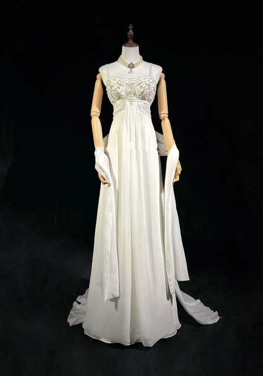 Unique Bridal Dress A line Spaghetti Straps White 90s Chiffon Wedding Dresses Vintage Bride Dress Bridal Gowns DH1262