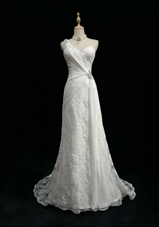 Unique Bridal Dress Mermaid One Shoulder Chiffon White Lace Wedding Dress With Beads 90s Wedding Dresses Vintage Bride Dress Bridal Gowns DH1264
