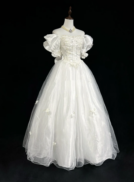 Princess Bridal Gown Ball Gown Square Neck Tulle 1960s Wedding Dress With White Short Sleeves Lace Wedding Dresses Vintage 80s Wedding Gowns DH1266