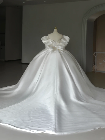 Princess Bridal Gown Ball Gown Off The Shoulder Satin Wedding Dress With White Short Sleeves Wedding Dresses Modest Wedding Gowns DH1287