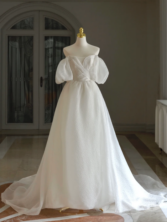 Princess Bridal Dress Ball Gown Off The Shoulder Satin Wedding Dress With Short Sleeves Wedding Dresses Modest Wedding Gowns DH1290
