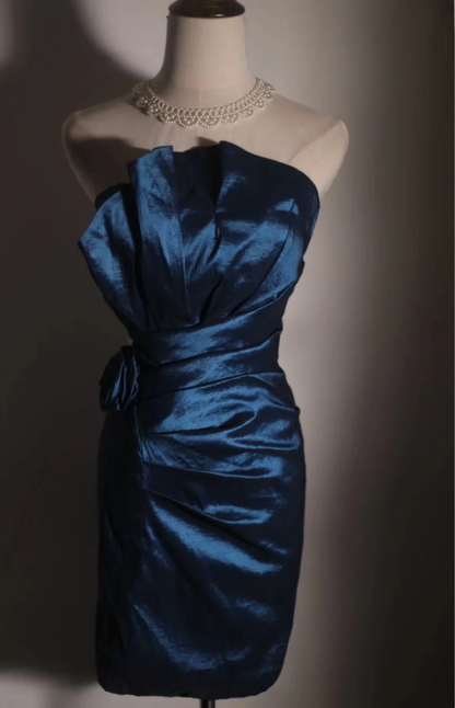 Retro Sheath Strapless Navy Blue Taffeta Mini Short Formal 8th Grade Homecoming Dresses Summer Middle School Hoco Dress 18th Birthday Outfits DH1307
