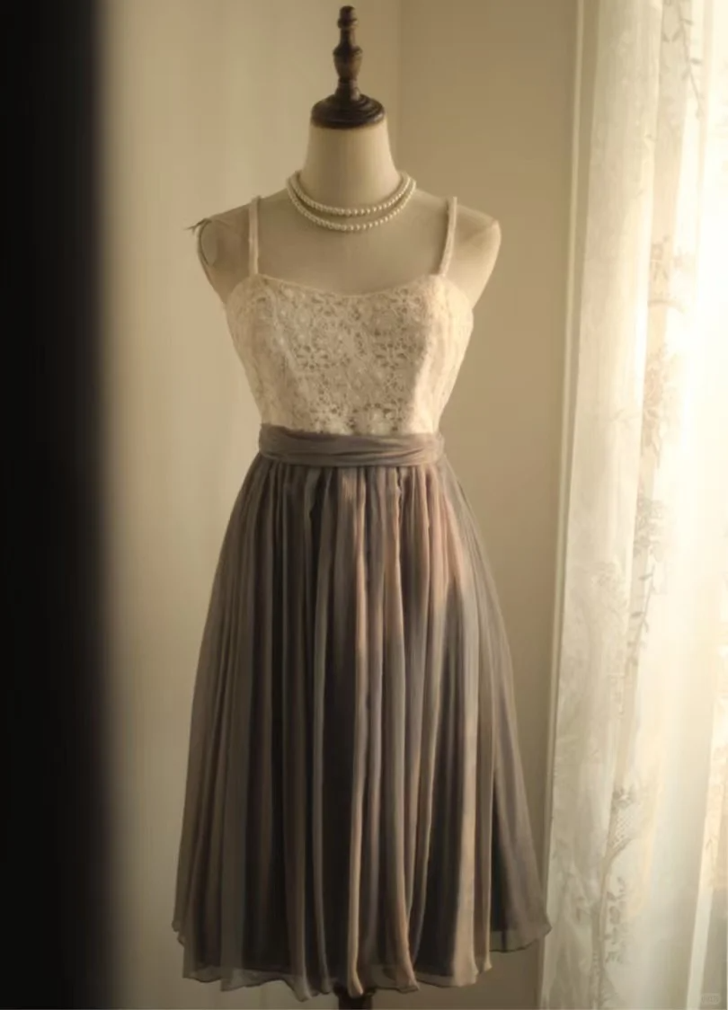 Retro A line Spaghetti Straps Gray Chiffon Mini Short Formal 8th Grade Homecoming Dresses Summer Middle School Short Prom Dress 16th Birthday Outfits DH1316