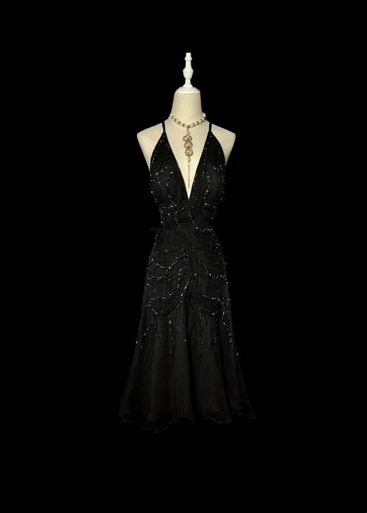 Vintage Mermaid Halter Chiffon Black Formal 7th Grade Homecoming Dresses Middle School Short Prom Dress Hoco Outfits DH1332