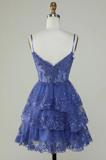 Unique A line Spaghetti Straps Blue Lace Short Mini Formal 7th Grade Homecoming Dresses Middle School Short Cocktail Night Dress Hoco Outfits DH1513