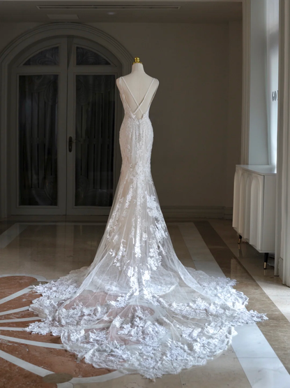 Luxury Mermaid Spaghetti Straps Lace White Wedding Dress Modest Wedding Dresses Princess Wedding Gowns DH1548