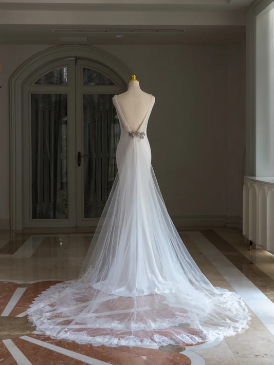 Simple Mermaid V Neck Satin White Wedding Dress Modest Wedding Dresses Princess Wedding Gowns DH1559