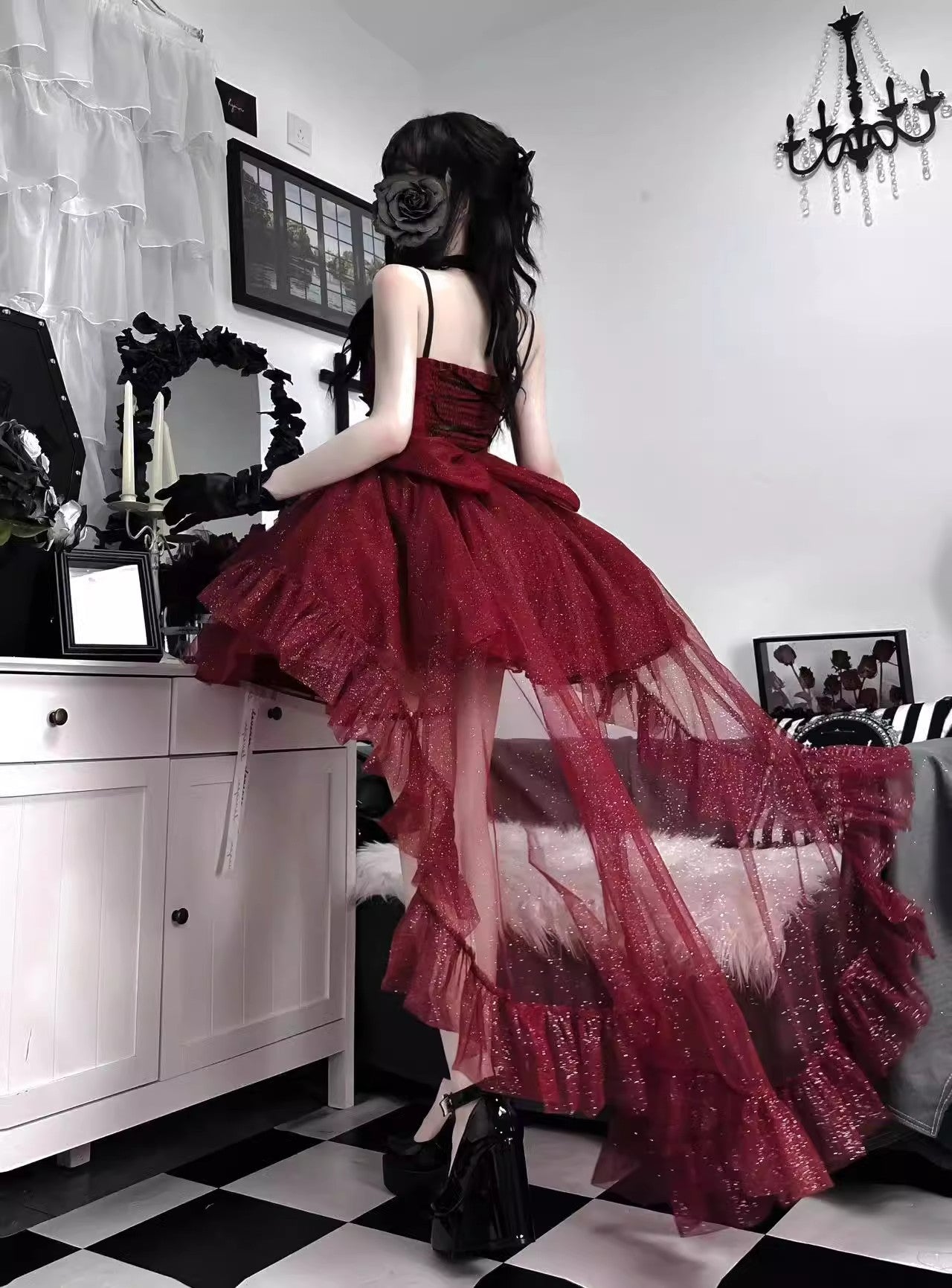 Goth Ball Gown Spaghetti Straps Burgundy Short Mini Formal 8th Grade Homecoming Dresses Middle School Lolita Dress Birthday Outfits Lolita Dress DH1623