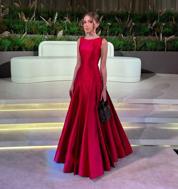 Classy A line Scoop Red Long Satin Formal Prom Gown Summer Wedding Guest Dress Bridal Guest Dresses Wedding Outfits For Guest DH165