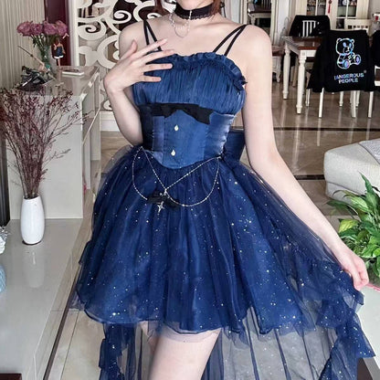 Cute French Style Ladies Fairy Spaghetti Straps Tulle Navy Blue Gotica Formal 8th Grade Homecoming Dresses Middle School Lolita Dress Hoco Outfits Lolita Outfits DH1651