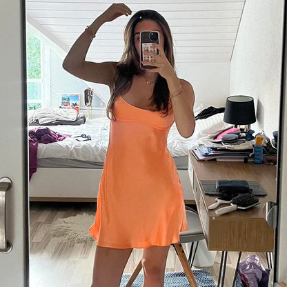 Modest A line Spaghetti Straps Orange Satin Short Formal 8th Grade Homecoming Dresses Middle School Semi Mini Formal Hoco Dress Backless Cocktail Outfits DH1722