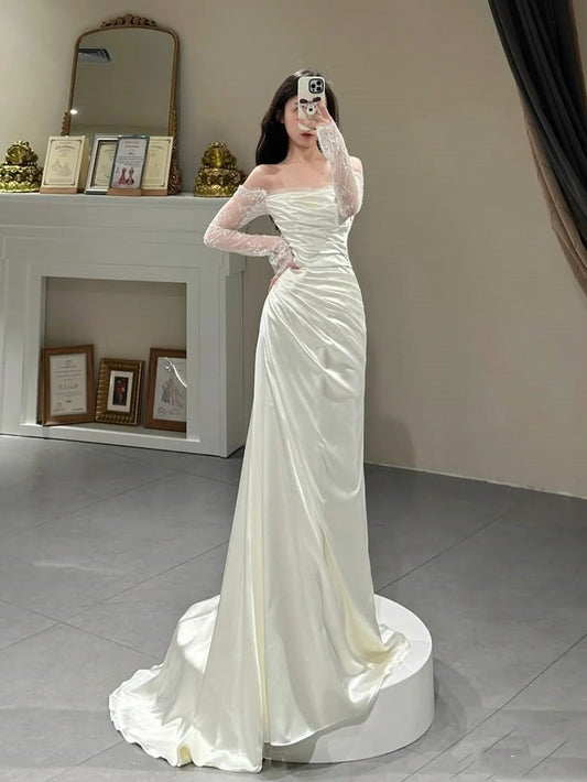 Simple Wedding Gown Bridal Dress Sheath Off The Shoulder Satin Wedding Dress White Lace Wedding Dresses Modest Wedding Gowns DH1769