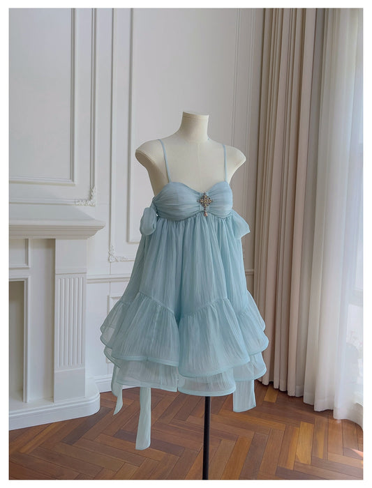 Pretty A Line Spaghetti Straps Blue Open Backs Grad Dress Inspo Short Mini Formal 8th Grade Homecoming Dresses High School Hoco Court Dress Graduation Dress Hoco Outfits D1905