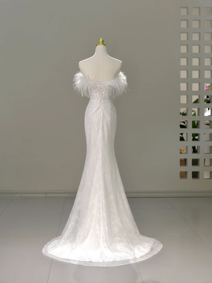 Princess Bridal Dress Mermaid Off The Shoulder White Sequin Feathers Wedding Dress Wedding Dresses Modest Wedding Gowns DH2039