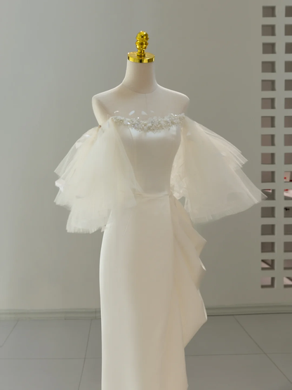 Unique Wedding Dress A line Off The Shoulder Satin White Long Wedding Dresses Bridal Gowns DH2058