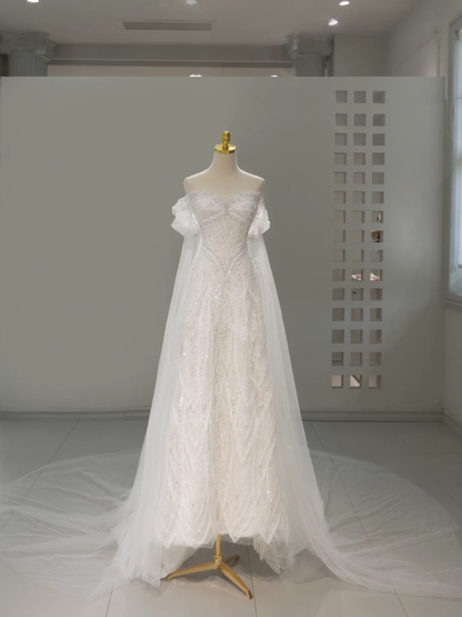 Unique Wedding Dress A Line Off The Shoulder Sequin Short Sleeves Wedding Dresses Bridal Gowns DH2063